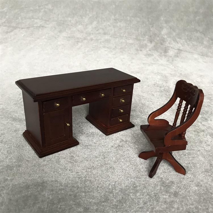 1:12娃娃屋miniature furniture木质迷你家具复古书房场景书桌椅