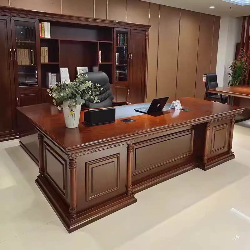 老板办公桌豪华总裁桌实木皮罗马柱子董事长大班台办公室桌椅组合