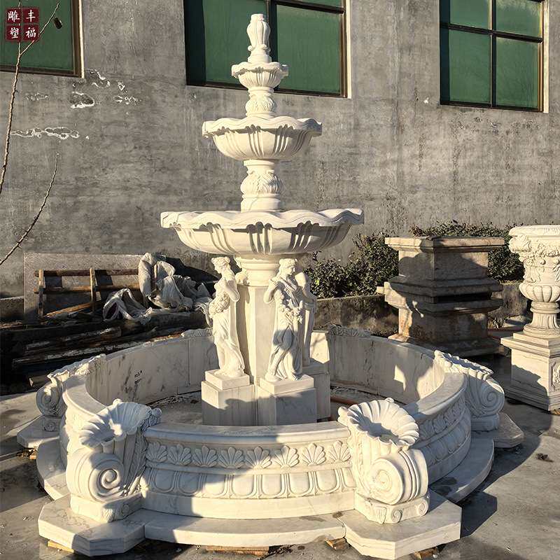 欧式石雕人物景观喷泉 西方小天使花园大理石喷泉 汉白玉雕塑喷泉