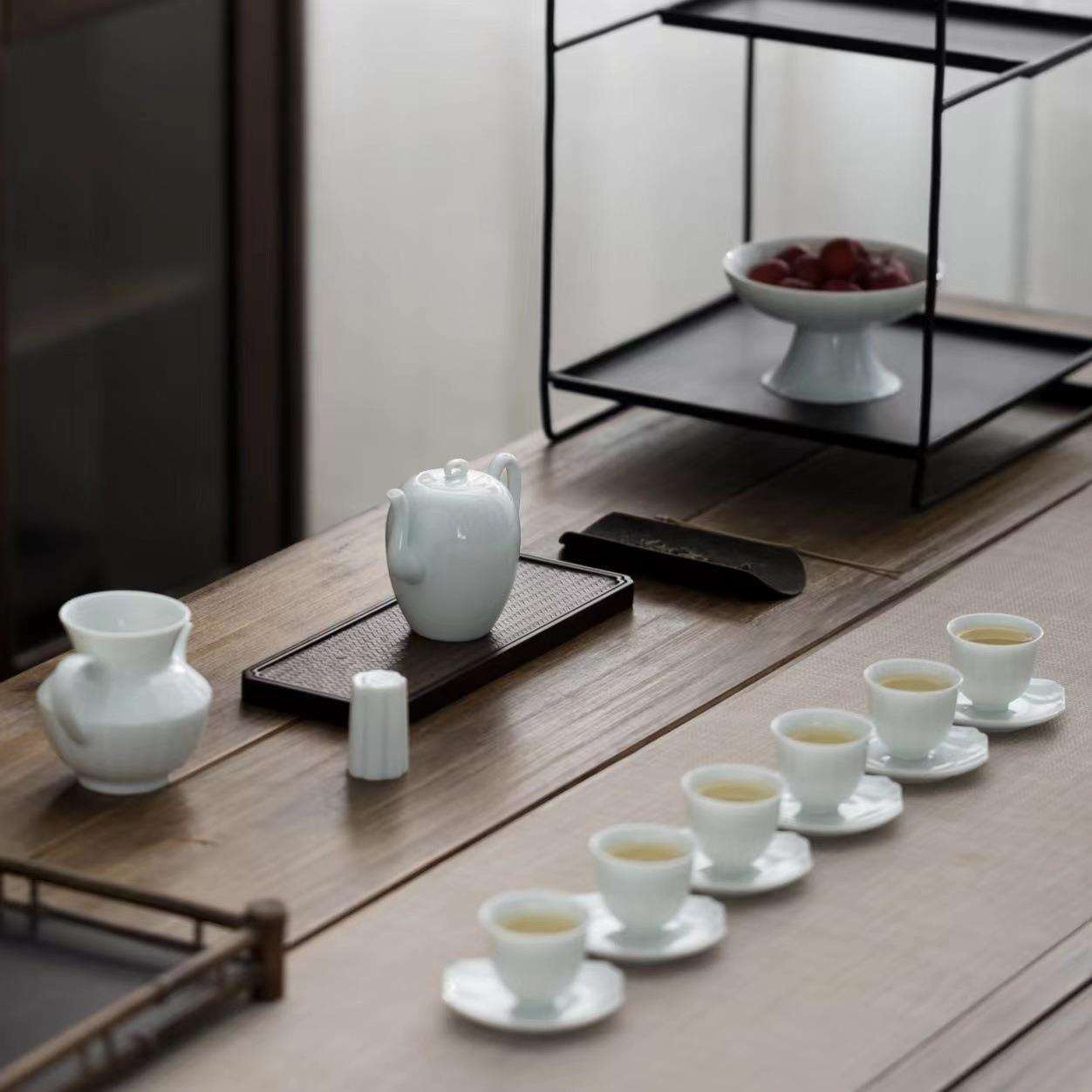 意叁手作纯色釉浮雕陶瓷茶具宋时风雅套装家用送礼仿宋湖田窑青瓷
