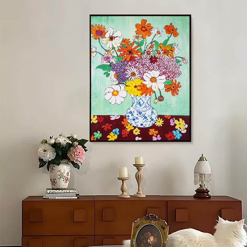 手绘油画花卉餐厅装饰画轻奢玄关客厅挂画花朵简约高级金属外框画