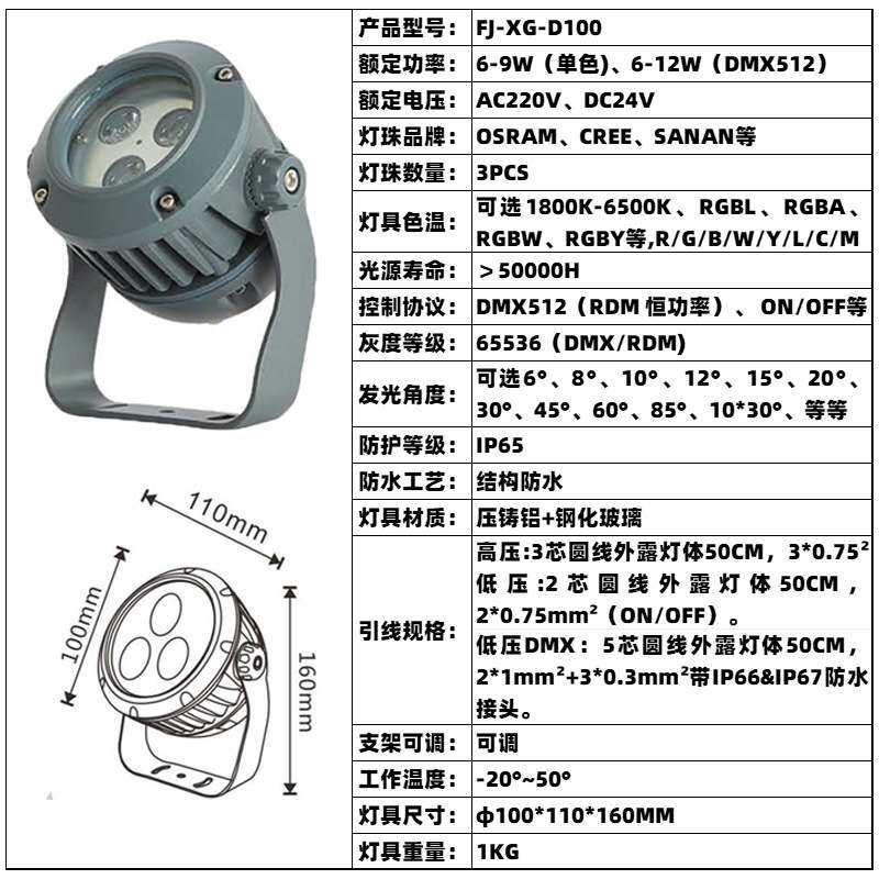 投光灯LED6W9W12W高光效全彩GRBL暖白黄光别墅园林古迹夜游景观灯
