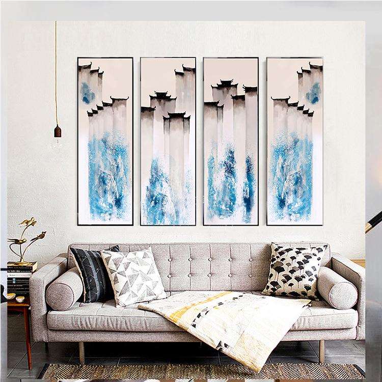 圣仕 新中式水墨画徽派建筑客厅挂画装饰画禅意壁画玄关竖版书房