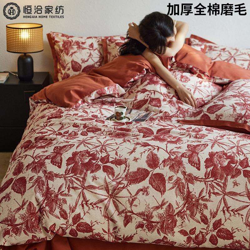 高端婚庆全棉加厚磨毛四件套秋冬印染纯棉被套床品红绿色1.2床笠