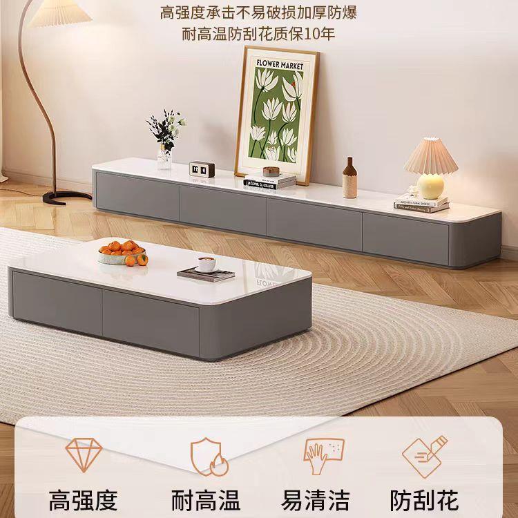 奶油风家用客厅小户型落地钢化玻璃茶几电视柜组合客厅电视柜套装
