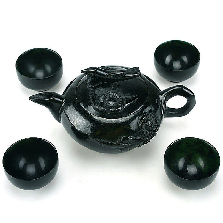 蓝田墨玉黑绿玉喜上眉梢茶壶橄榄石祁连玉墨玉茶具直销