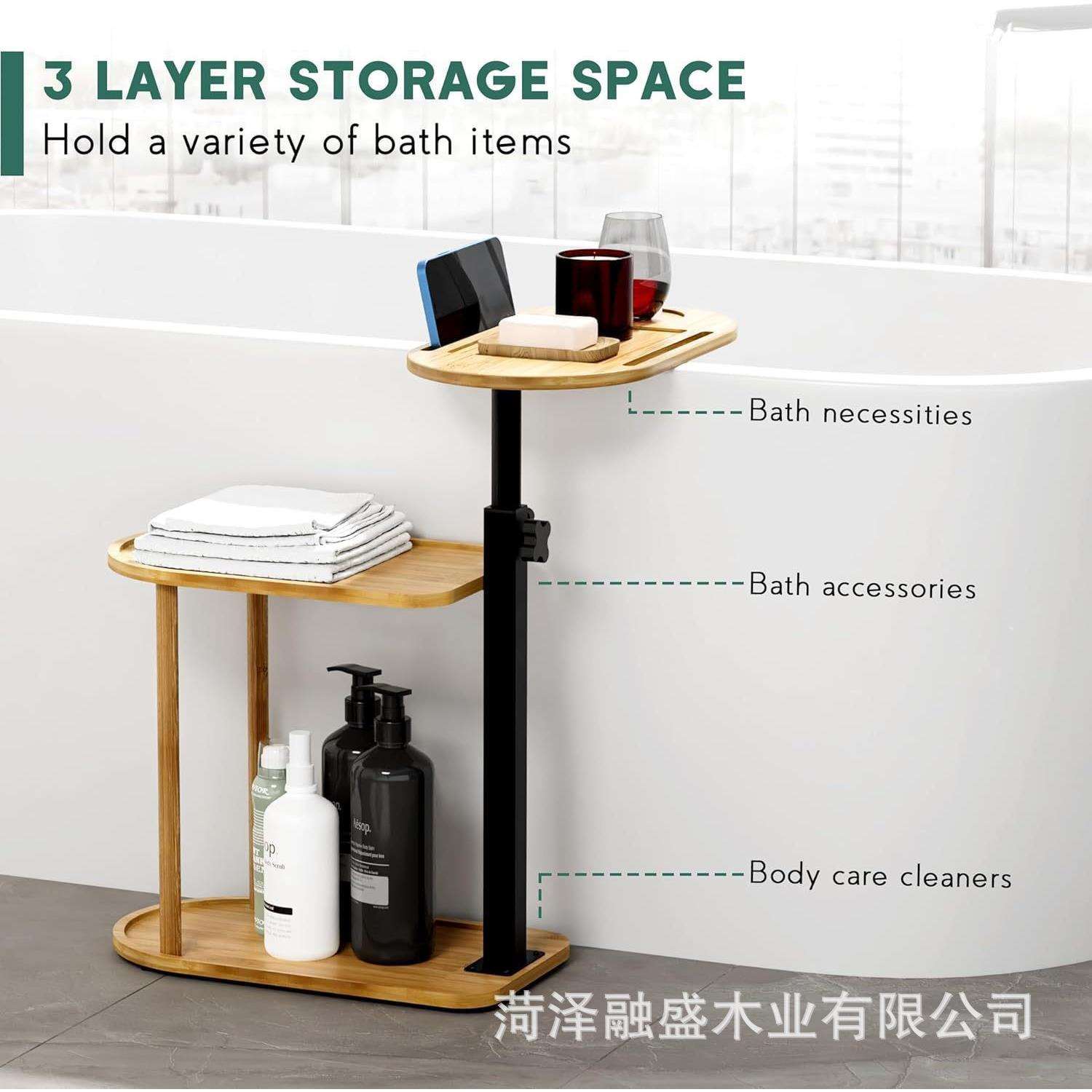 跨境竹制置物架家居浴室双层洗漱用品置物架可调节高度酒杯置物架
