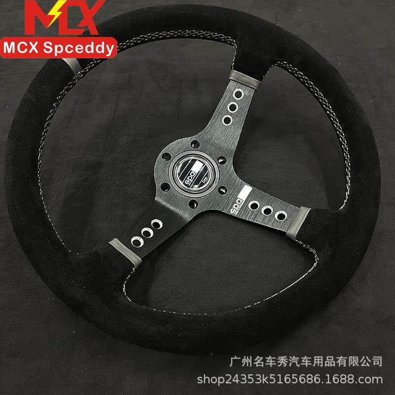 跨境热销 改装Sparco翻毛皮中凹方向盘14寸 通用赛车竞技转向盘