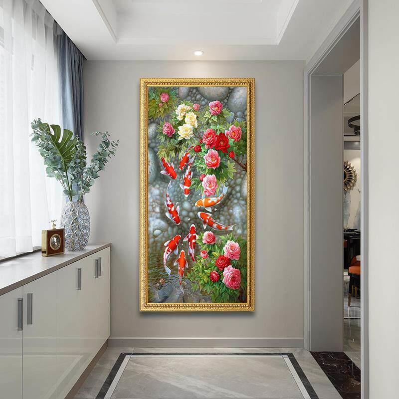 牡丹鱼图入户玄关手绘油画新中式简约装饰挂画年年有余走廊轻奢