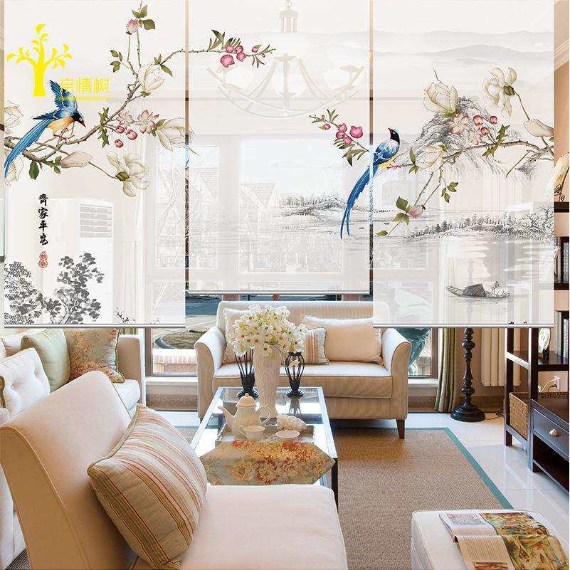 新中式卷帘水墨窗帘升降山水画遮阳遮光半透屏风挂式隔断客厅玄关