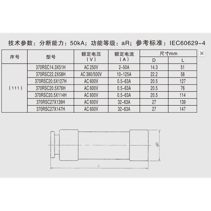 370RSC20.5X114HtAC600Vt0.5A-63A 光伏快速熔断器系列