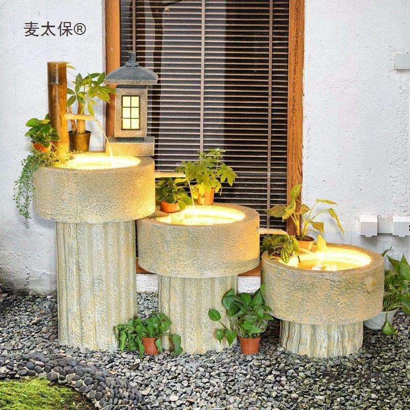 阳台庭院石磨客厅装饰品摆件鱼池餐厅日式办公室竹子景观流麦太保
