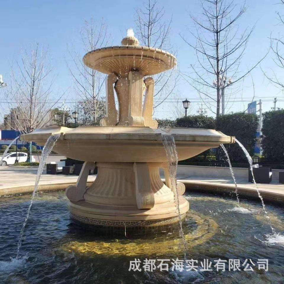 石雕喷泉黄锈石水钵欧式大型户外庭院流水园林喷水池景观壁泉摆件