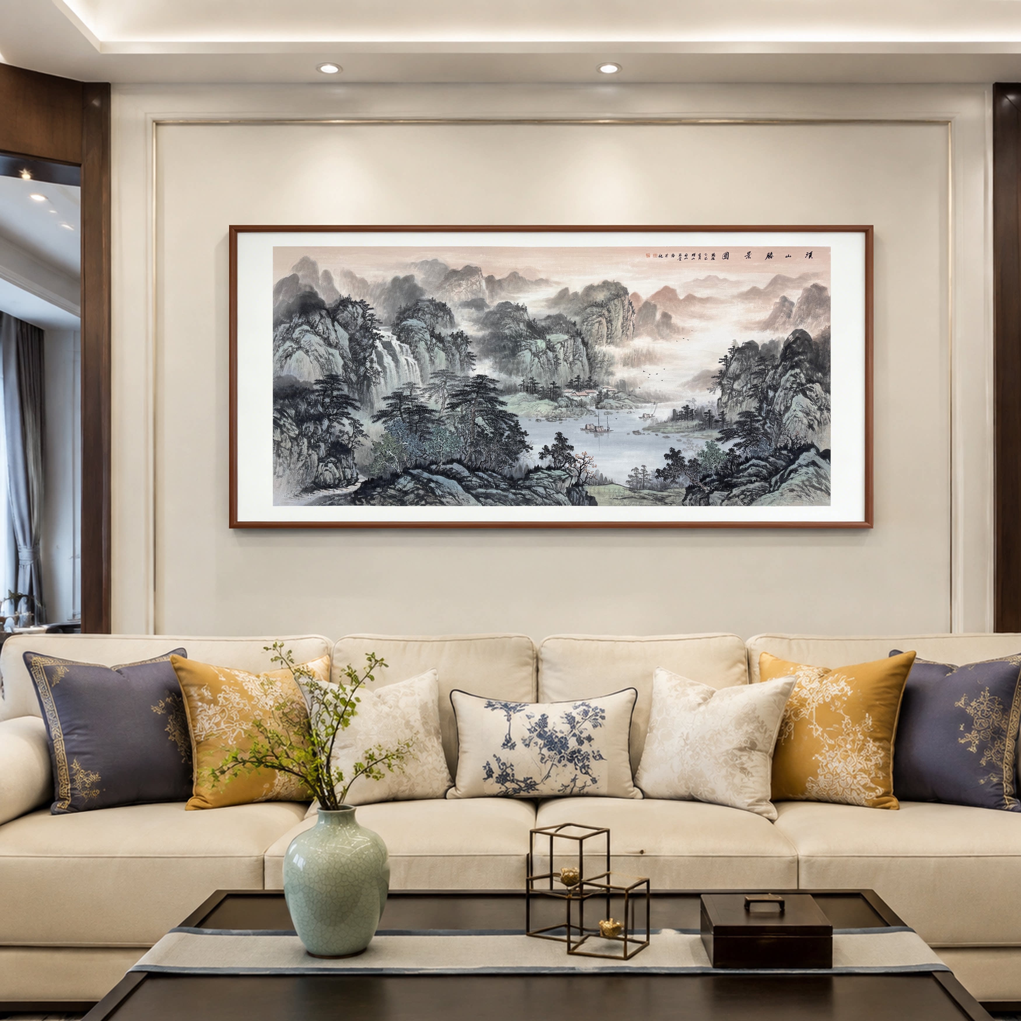 国画聚宝盆山水靠山图聚财挂画