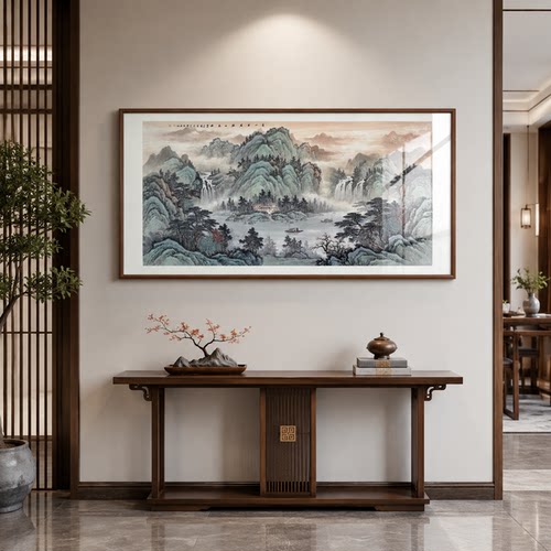 手绘青山绿水山水聚宝盆挂画