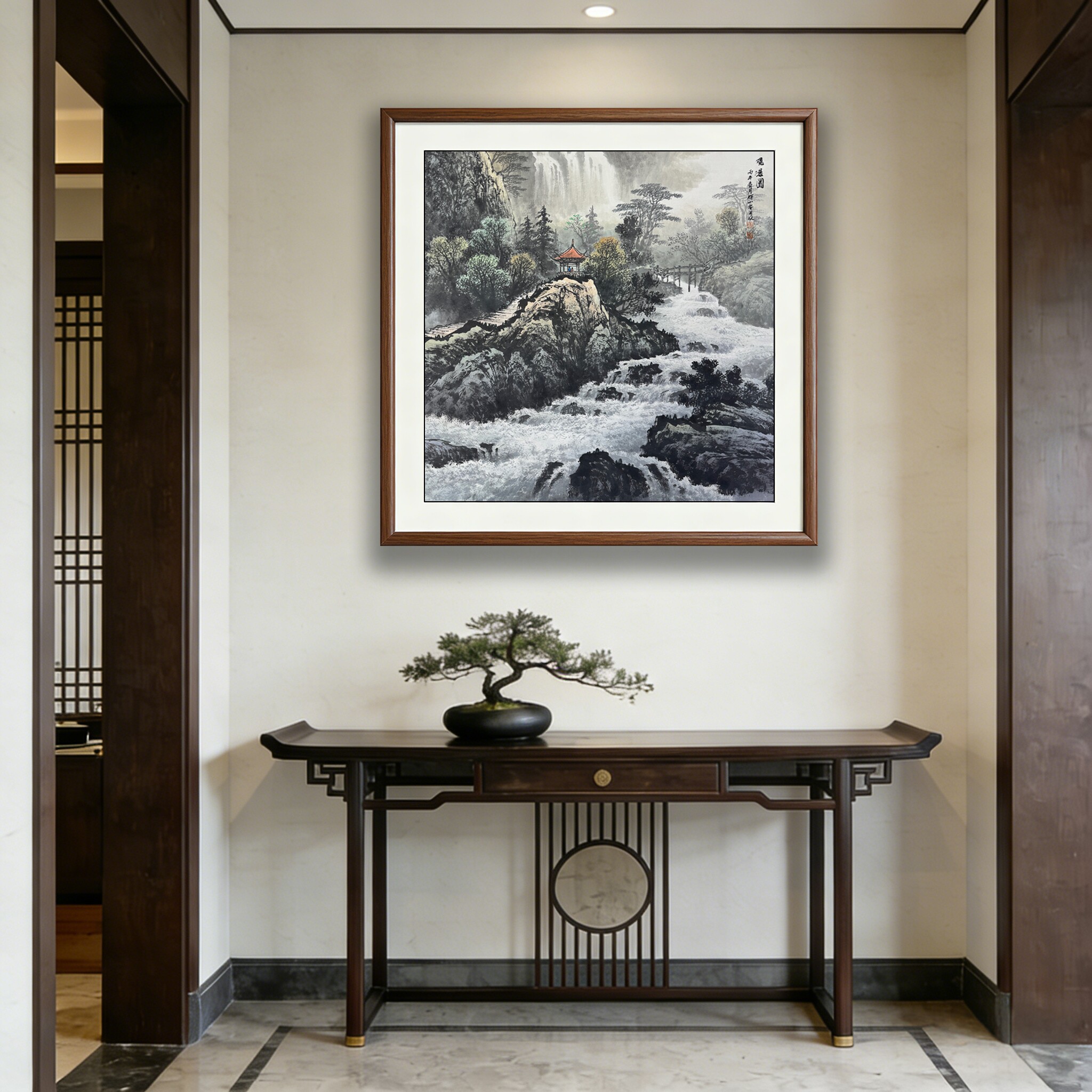 新中式宣纸山水画玄关装饰画方形