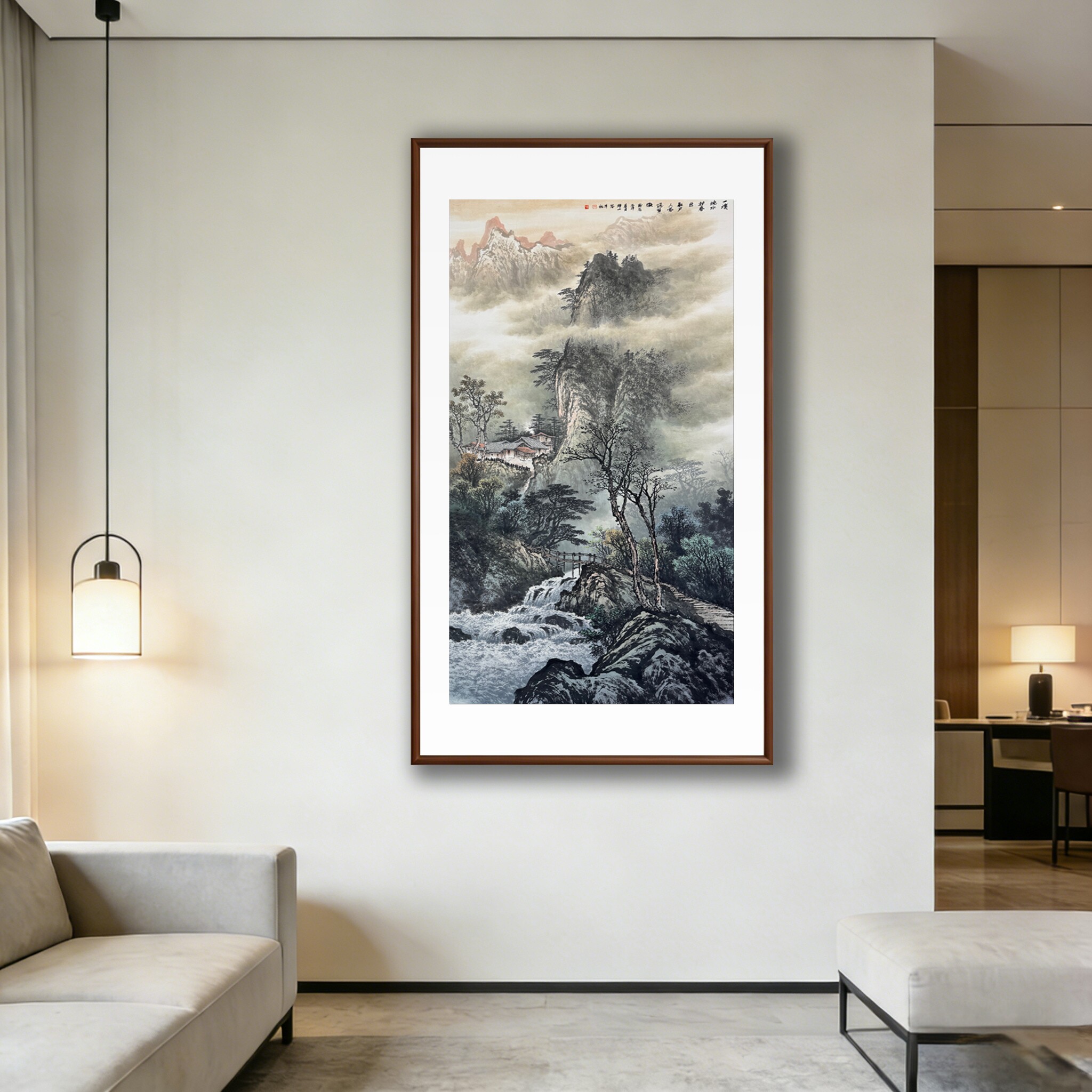 《一溪流水护春色》新中式山水画客厅装饰画玄关过道挂画水墨国画