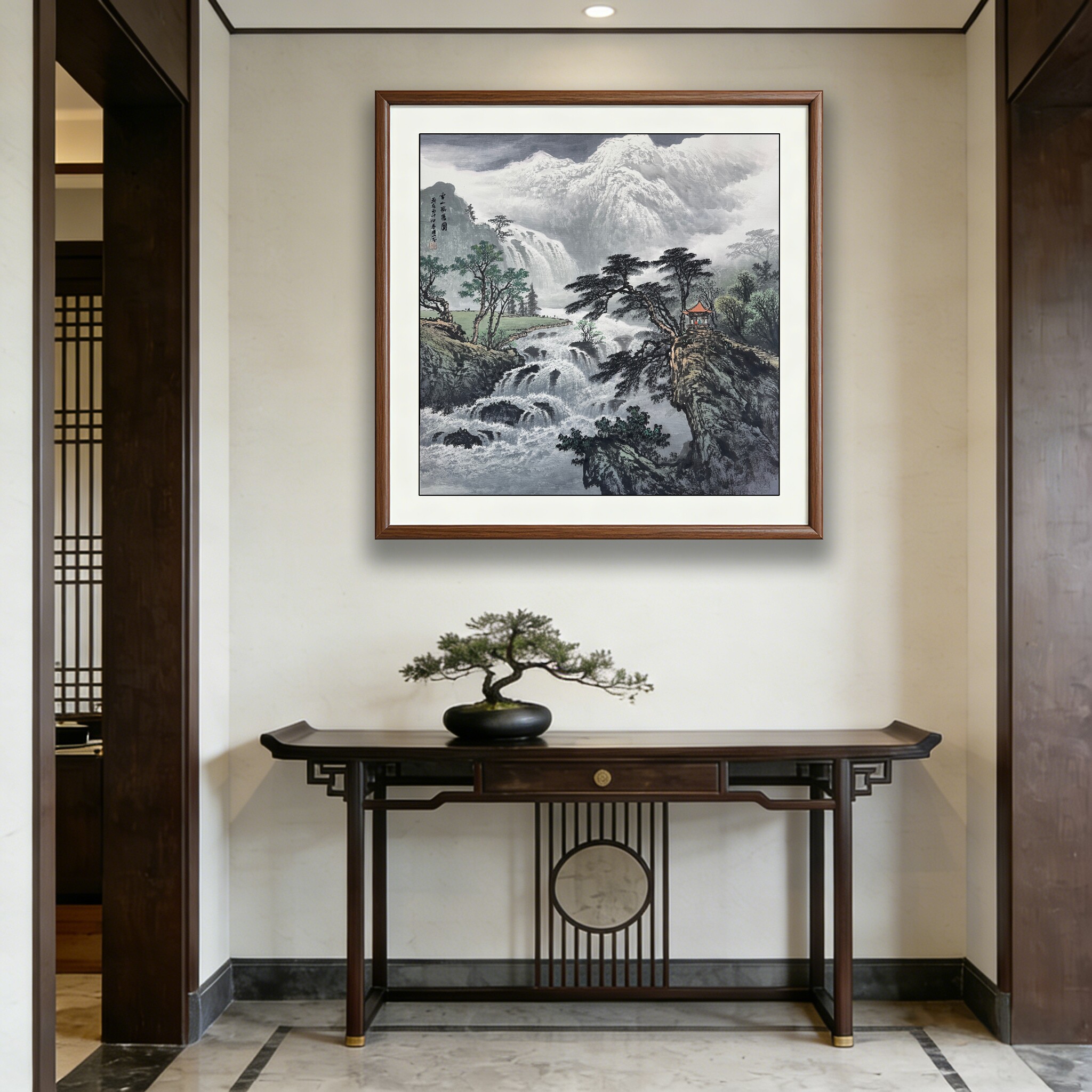 《雪山飞瀑》斗方山水画办公室挂画茶室壁画新中式中堂玄关装饰画