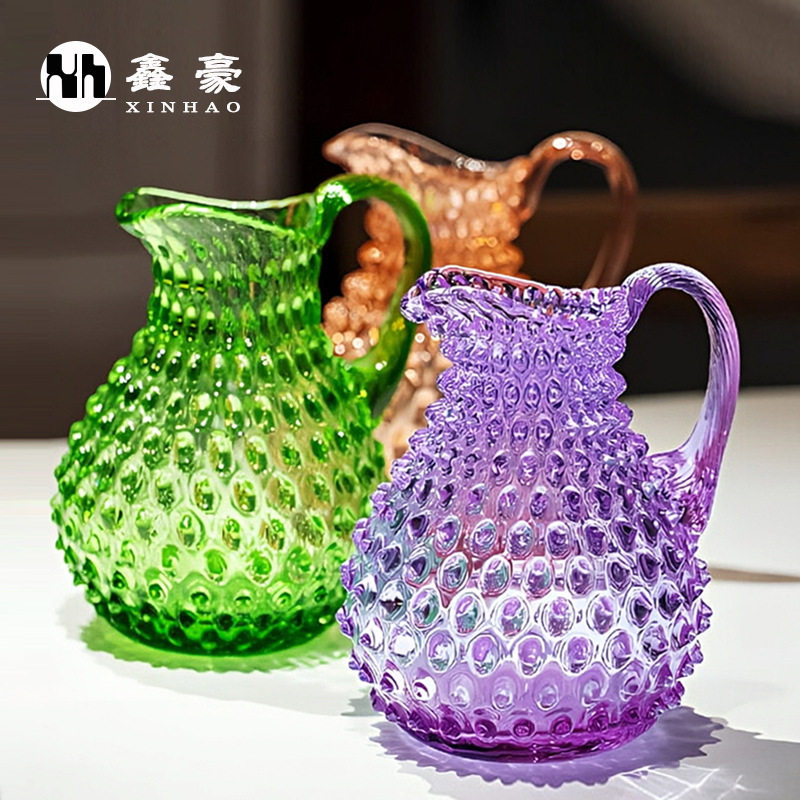 复古珠点浮雕透明水晶冷水壶手工立体圆点纹理带把家用凉水果汁壶