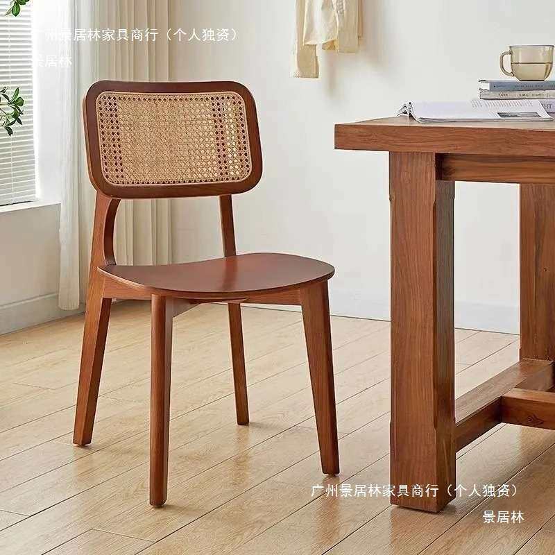 北欧实木餐椅家用客厅藤编靠背椅田园方蒲椅设计师餐厅实木椅子