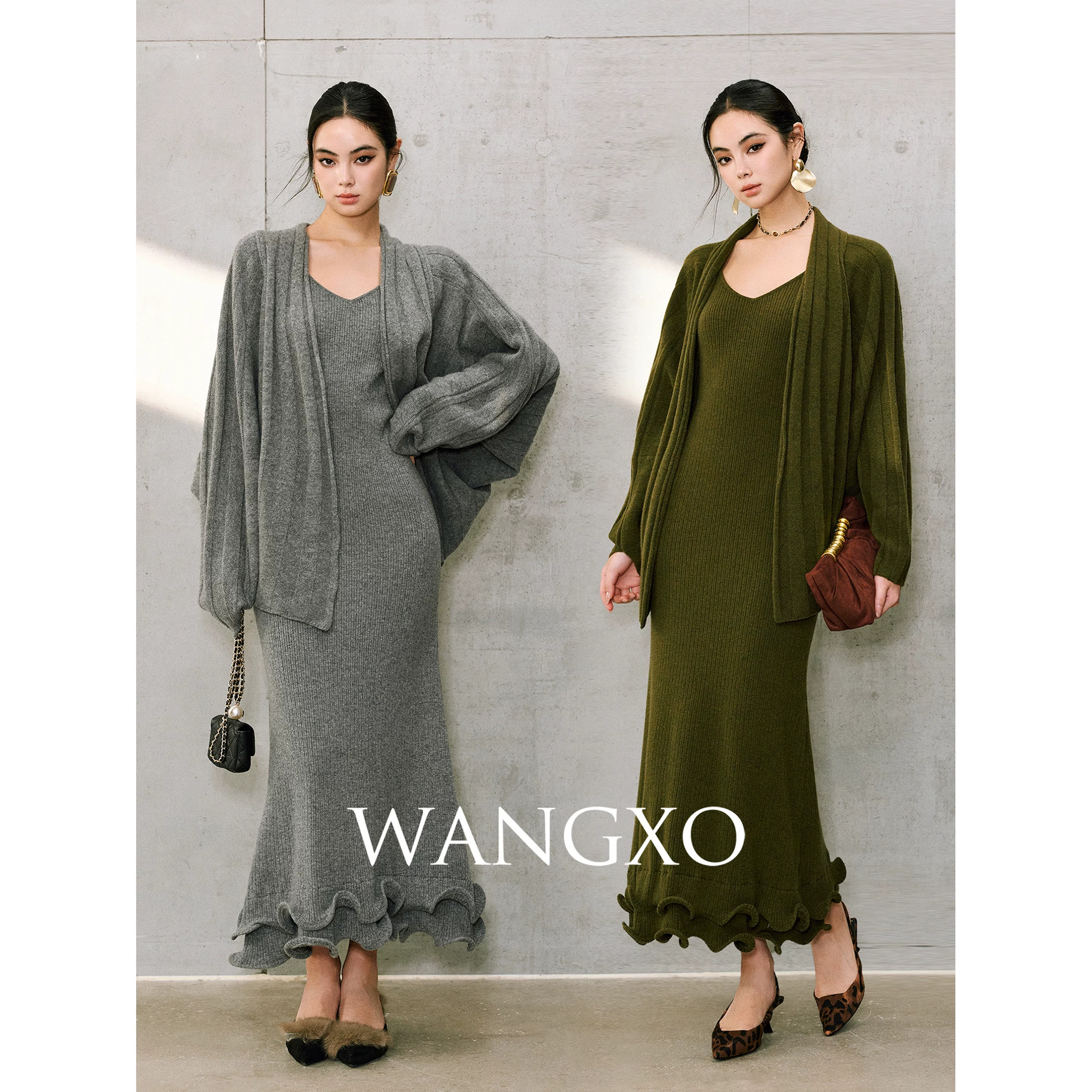 WANGXO|精纺软糯羊毛羊绒|V领修身鱼尾长裙&慵懒坑条针织开衫