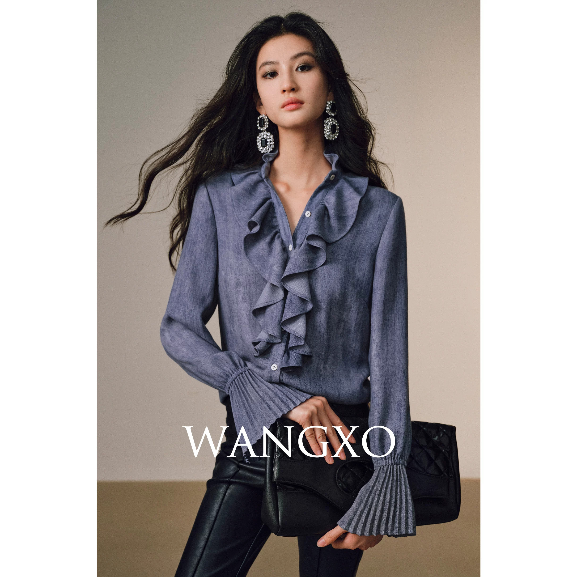 WANGXO|棉麻质感炒色|法式浪漫木耳边|喇叭袖收腰曲线复古衬衫
