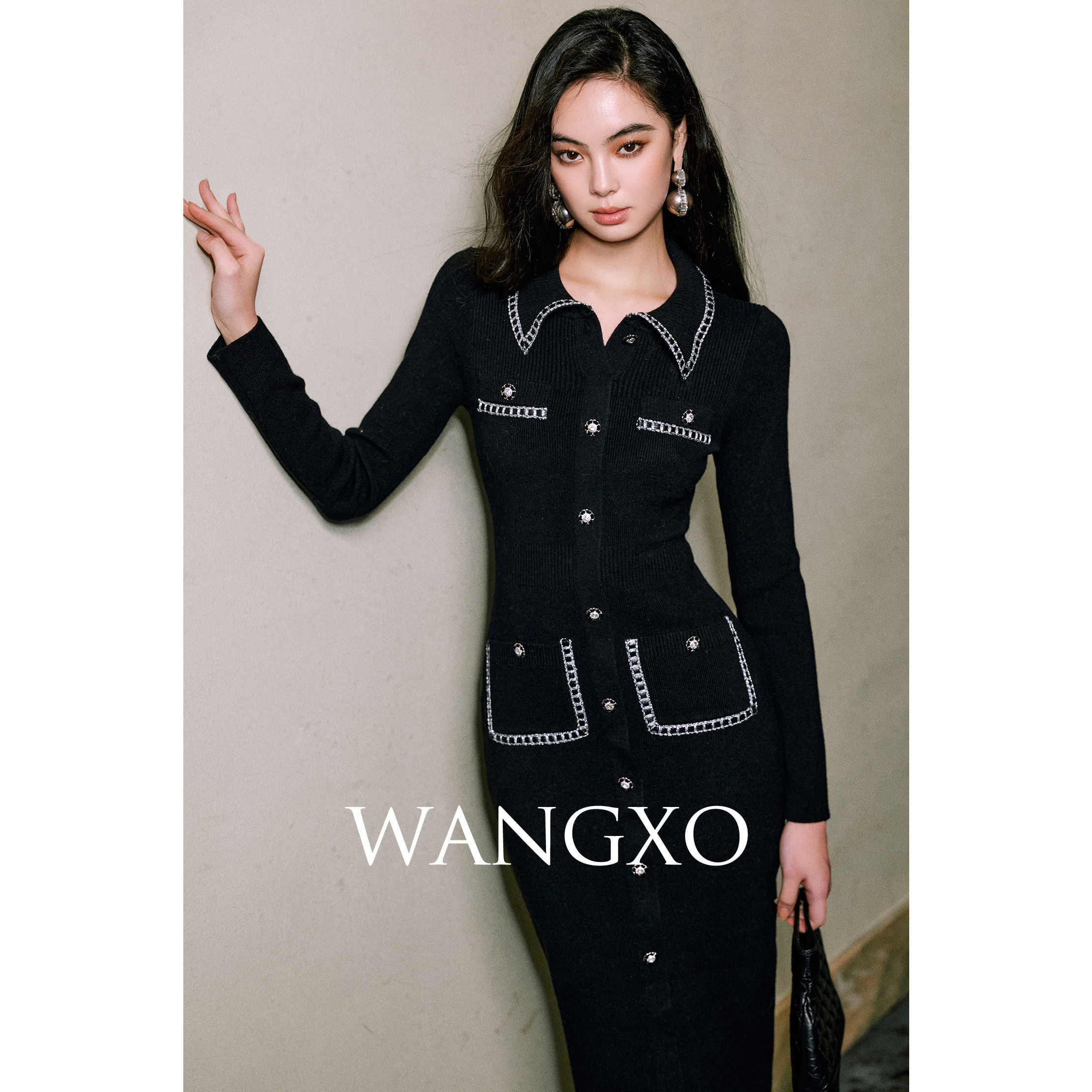 WANGXO|亲柔美利奴羊毛|香风亮丝织带手缝钻扣衬衫领修身连衣裙