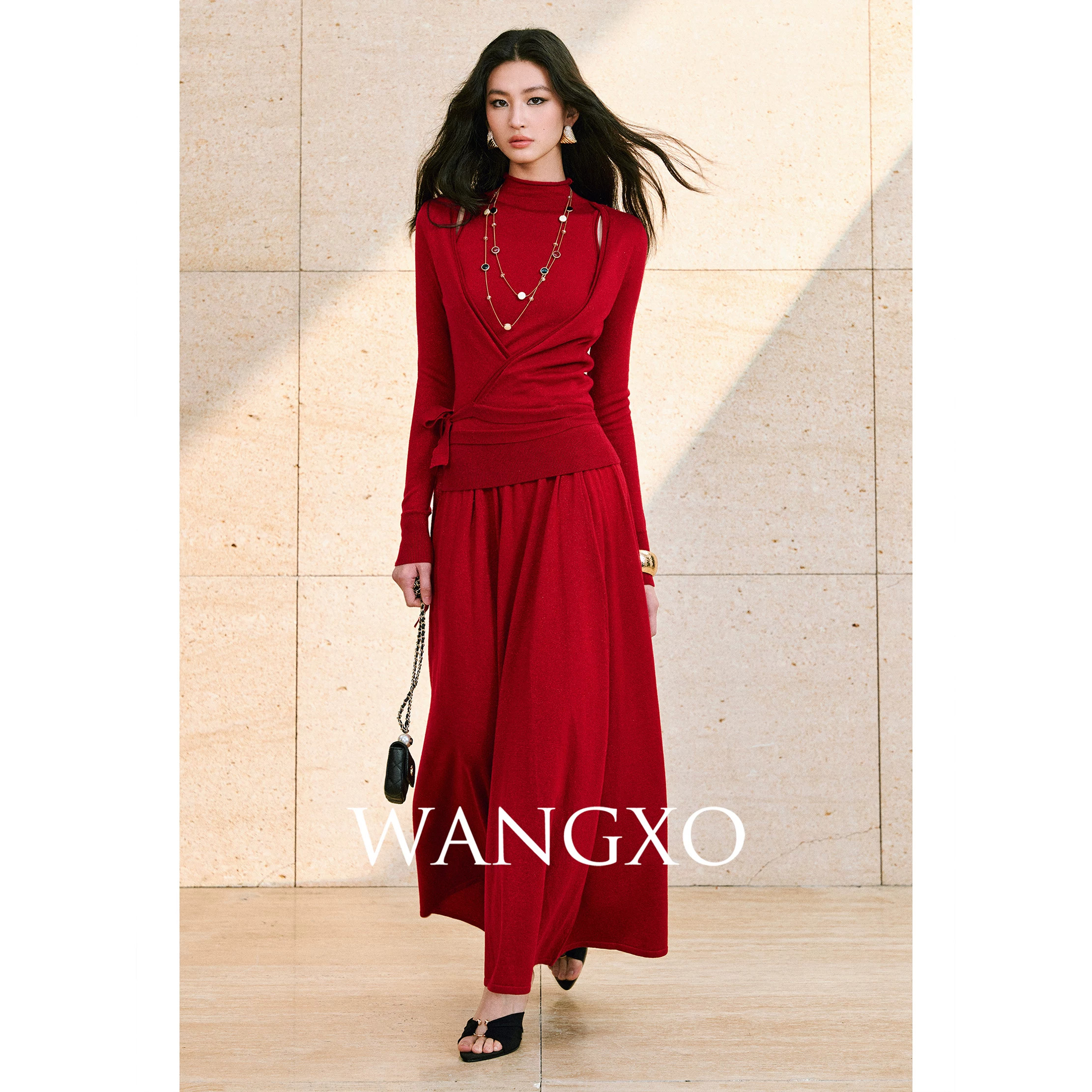 WANGXO｜鎏光亮丝软糯羊毛｜交叉绑带假两件针织上衣＆伞摆半裙