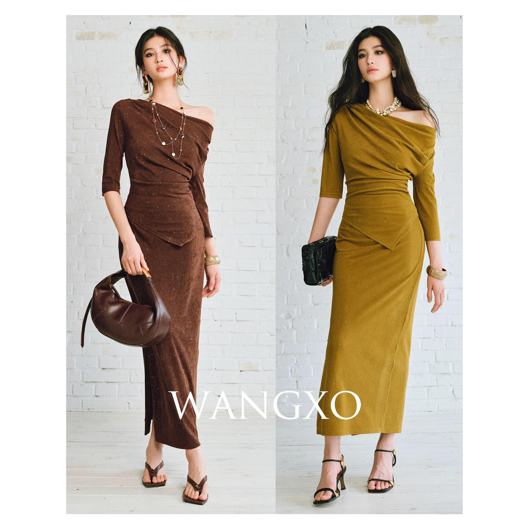 WANGXO|莹闪撒银针织|荡领斜肩两穿法捏褶斜摆上衣&开衩直筒裙