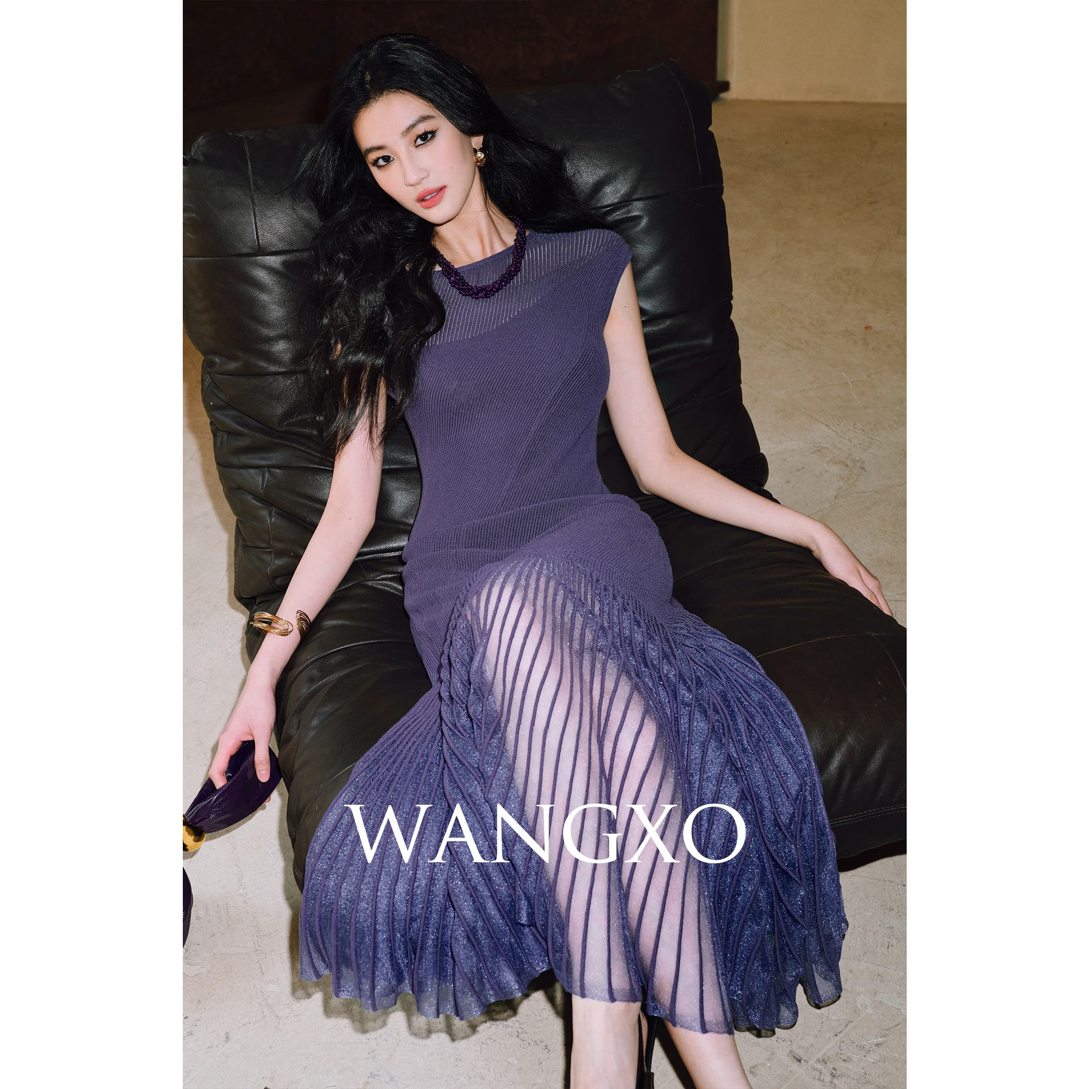 WANGXO|定织冰爽丝欧根纱拼接|轻透飘逸|包肩修身伞摆连衣裙