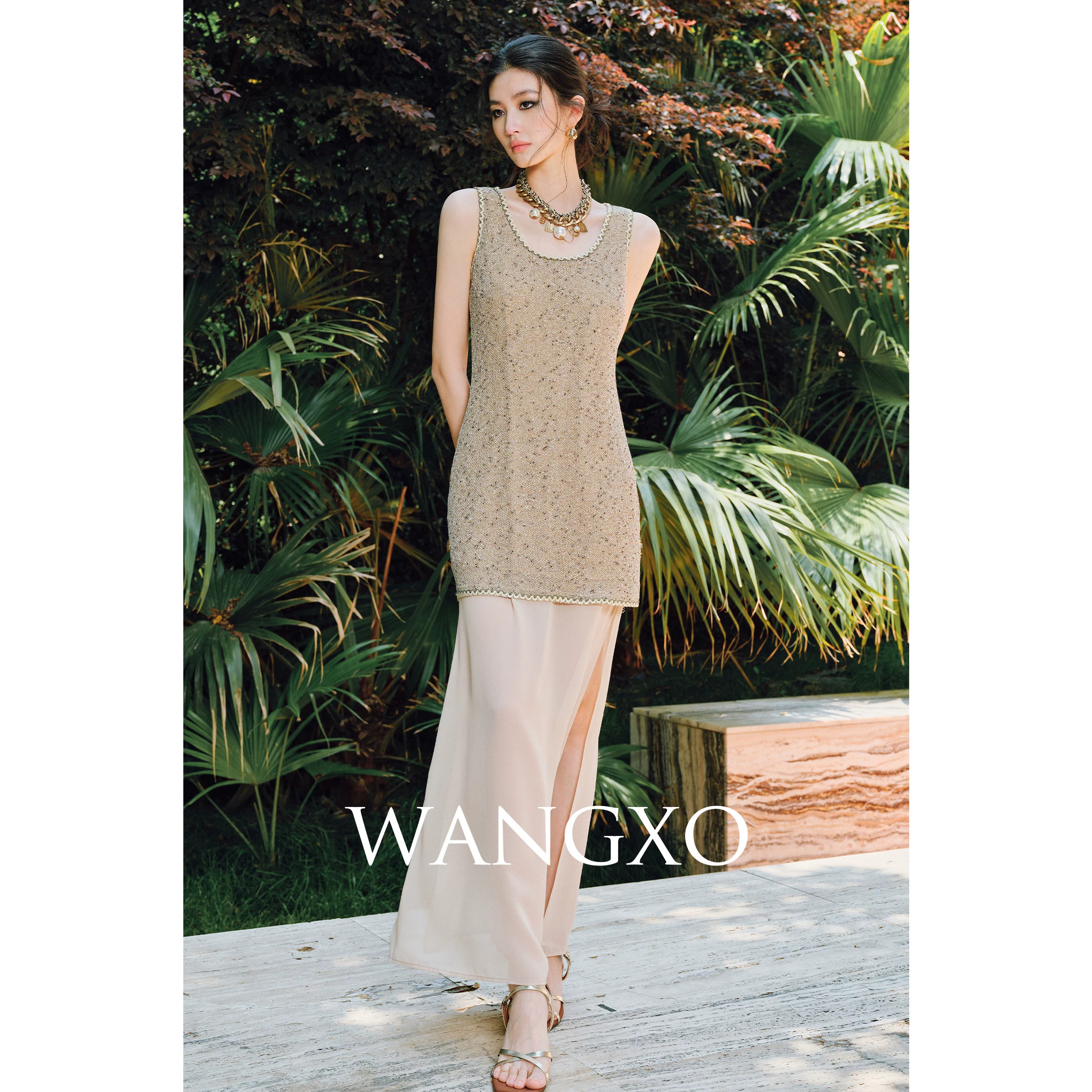 WANGXO｜缎面拼接乔其纱＆弹力亮丝针织｜吊带长裙＆背心短裙套装