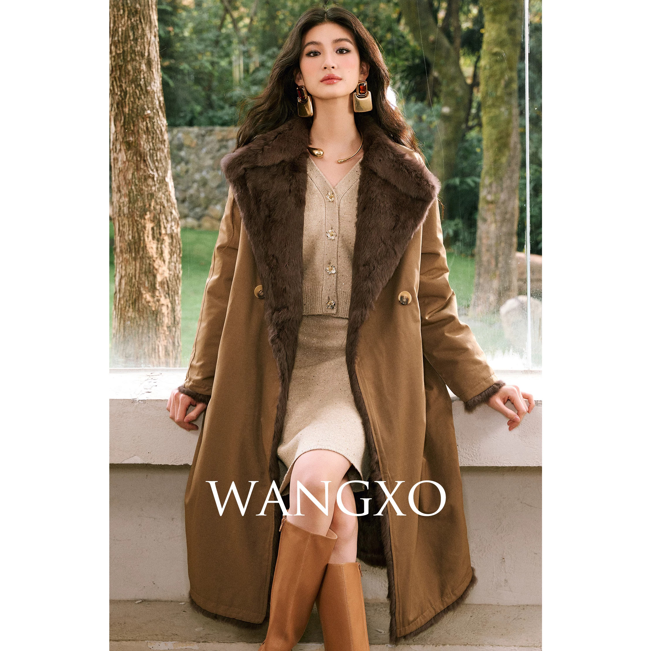 WANGXO|重磅整幅兔毛&挺括棉质料|双面穿大翻领长款皮草外套