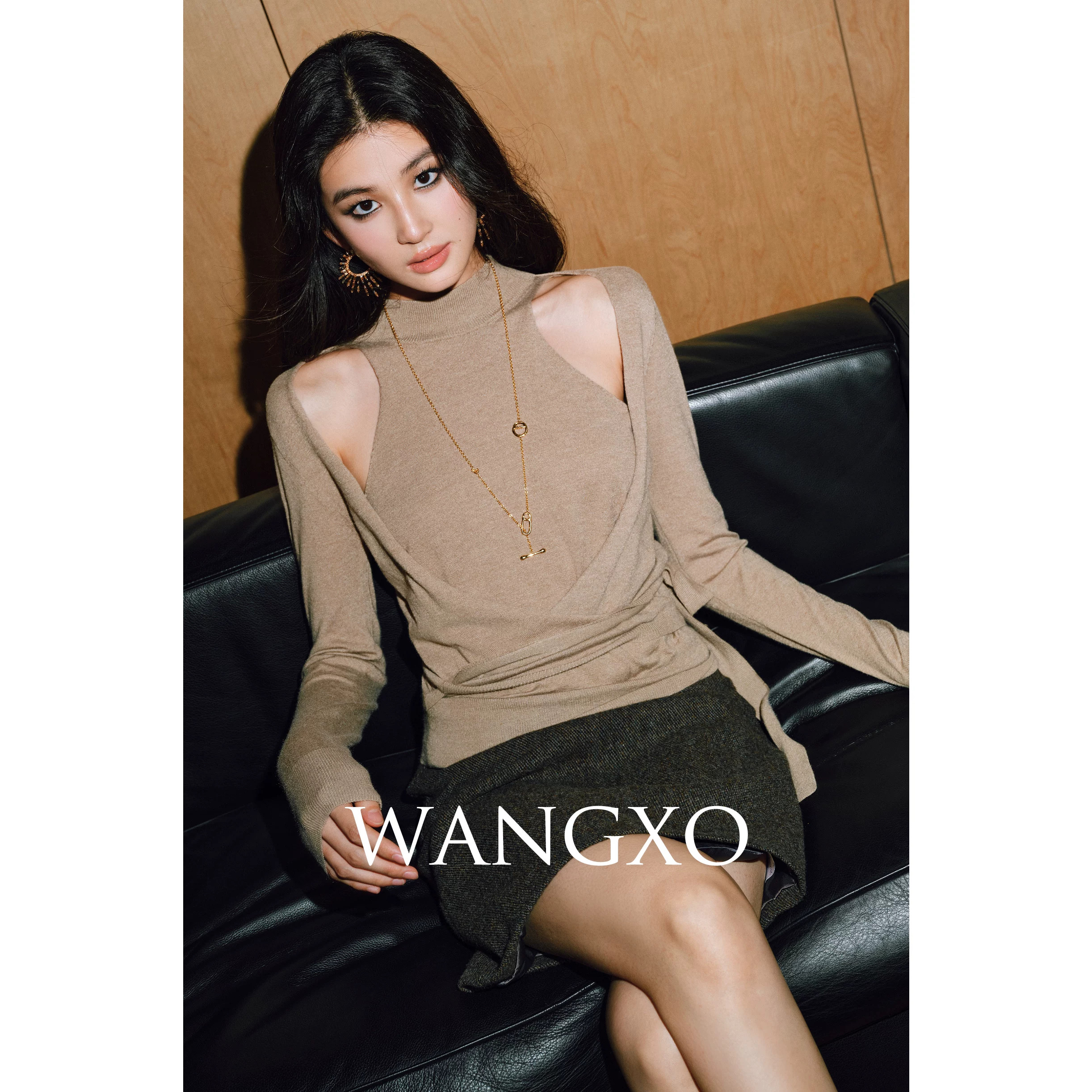WANGXO｜极细澳洲羊毛＆高密天丝｜轻柔假两件交叉绑带慵懒针织衫