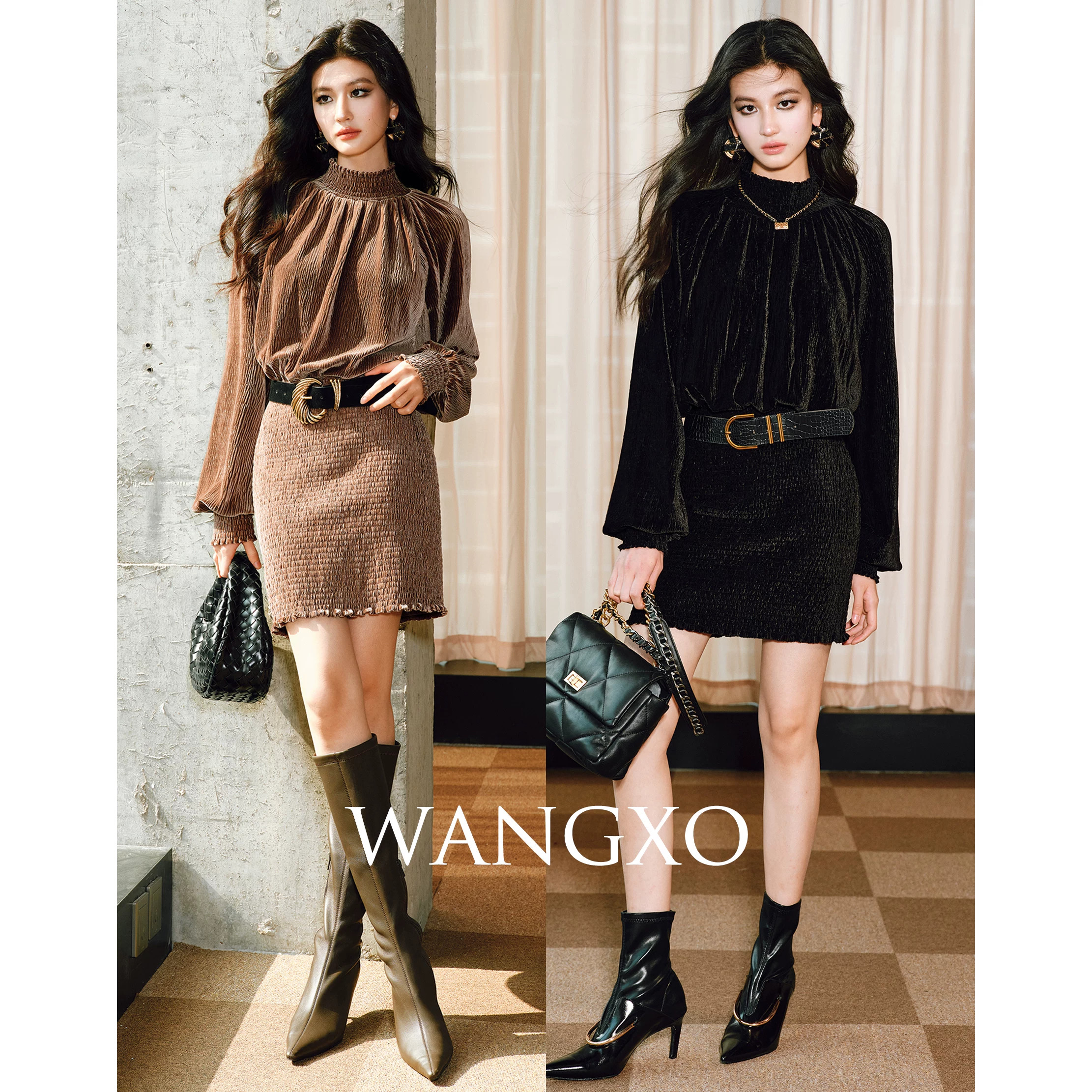 WANGXO｜奢贵光泽肌理感树皮皱丝绒｜立领灯笼袖缩褶包臀连衣裙