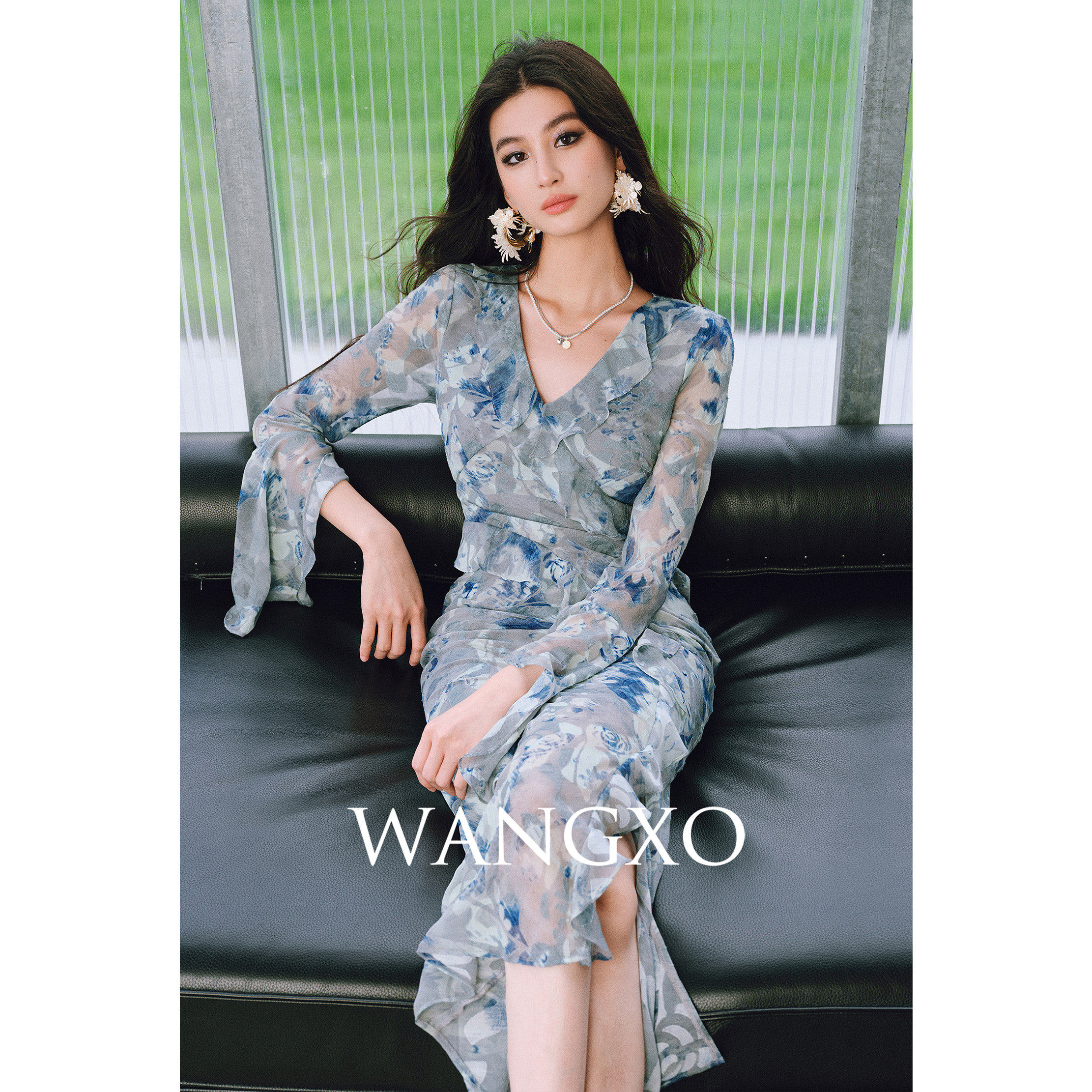 WANGXO|轻盈乔其纱朦胧复古水印剪花|浪漫荷叶边收腰包臀连衣裙