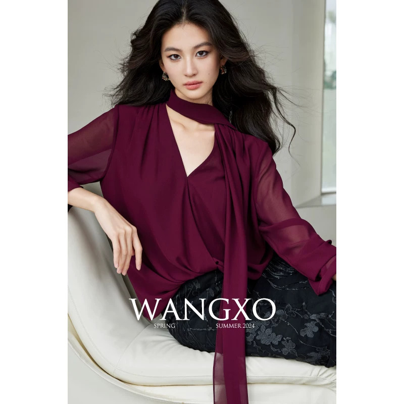 WANGXO飘带V领交叉门襟襟喇上衣