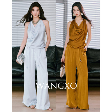 WANGXO丨慵懒醋酸天丝缎面丨荡领系带上衣宽松垂感吊珠阔腿裤套装