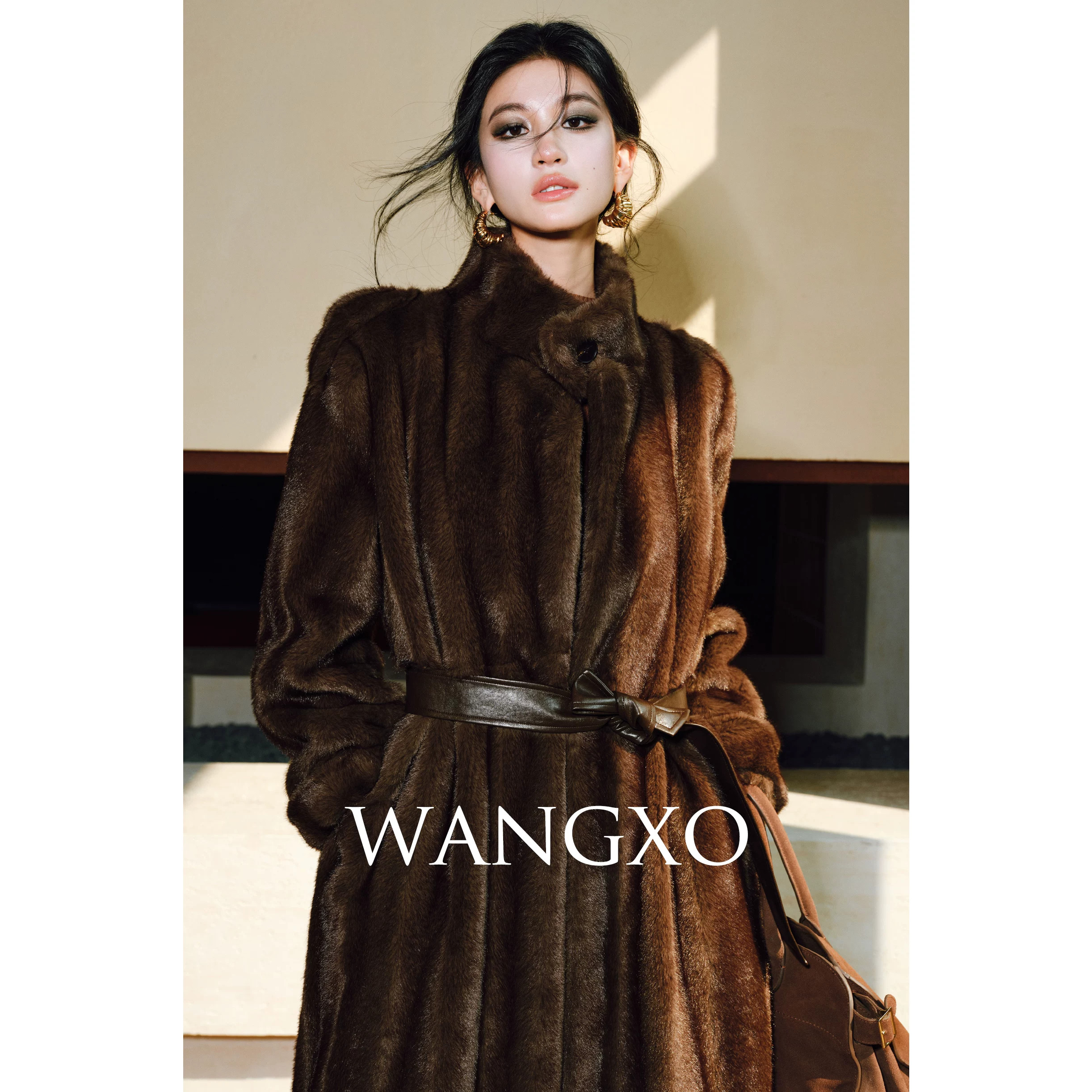 WANGXO|中古典藏帕斯条水貂质感|立体抽刀廓形腰带环保皮草大衣