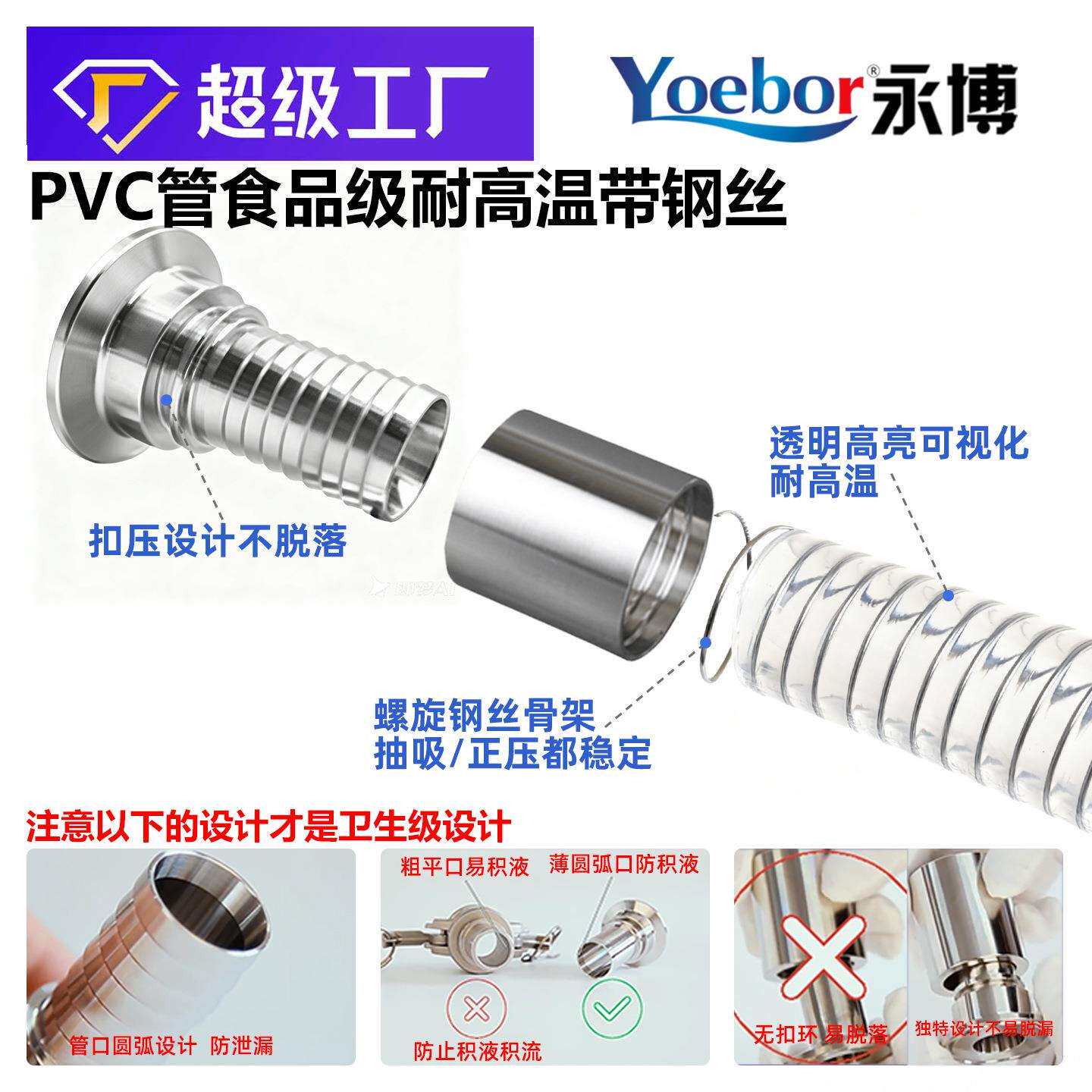 高温PVC食品级透明钢丝软管无味水管总成不含塑化剂接头304塑料管