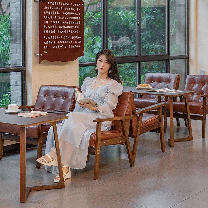 复古清吧奶茶店咖啡厅售楼处桌椅组合阳台休闲会客椅实木沙发椅