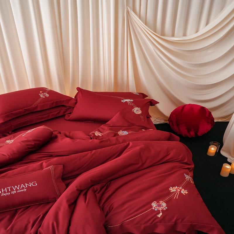 东方喜嫁婚庆床上用品四件套纯棉锦鲤刺绣结婚陪嫁被套床单红色