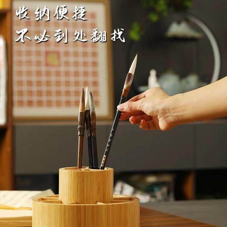 楠竹可旋转笔筒学生文具整理双层多格收纳办公桌面多功能收纳盒子