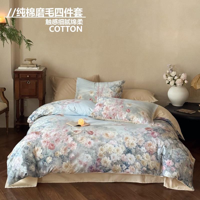 加厚纯棉磨毛四件套欧式油画风数码印花斜纹保暖全棉床上四件套