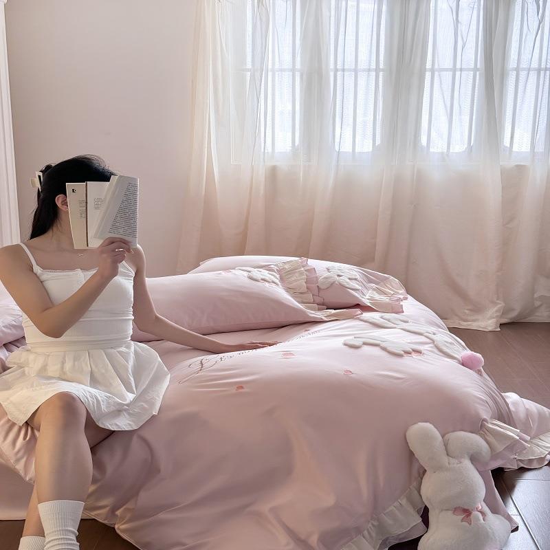 韩式可爱小兔贴布绣100S澳棉床上用品四件套少女心被套四季可用