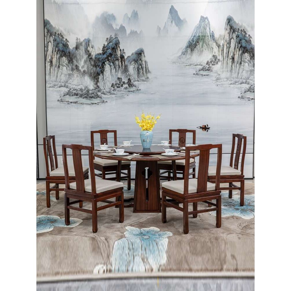 现代新中式餐桌椅组合全实木小乌金木一桌六椅圆餐台转盘家用饭桌