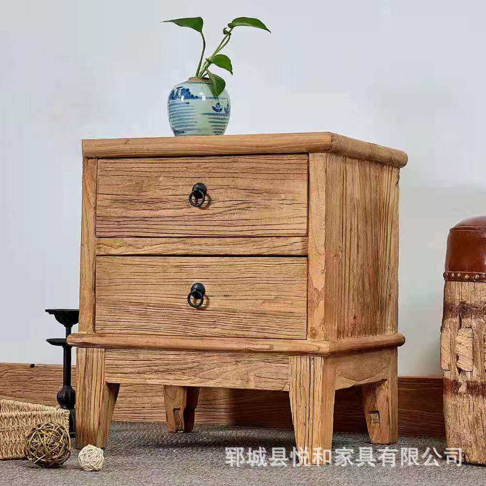 复古老榆木床头柜新中式家具落地式矮柜带抽屉式床边斗柜储物柜