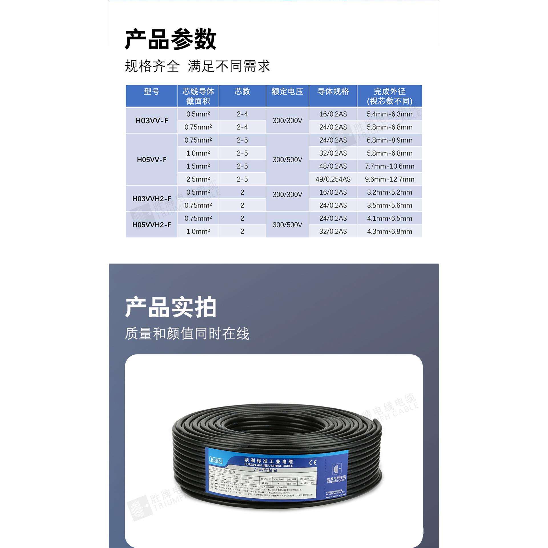 胜牌H03VV-F/0.75MM/2~4芯护套电源线固定安装控制柜 VDE认证