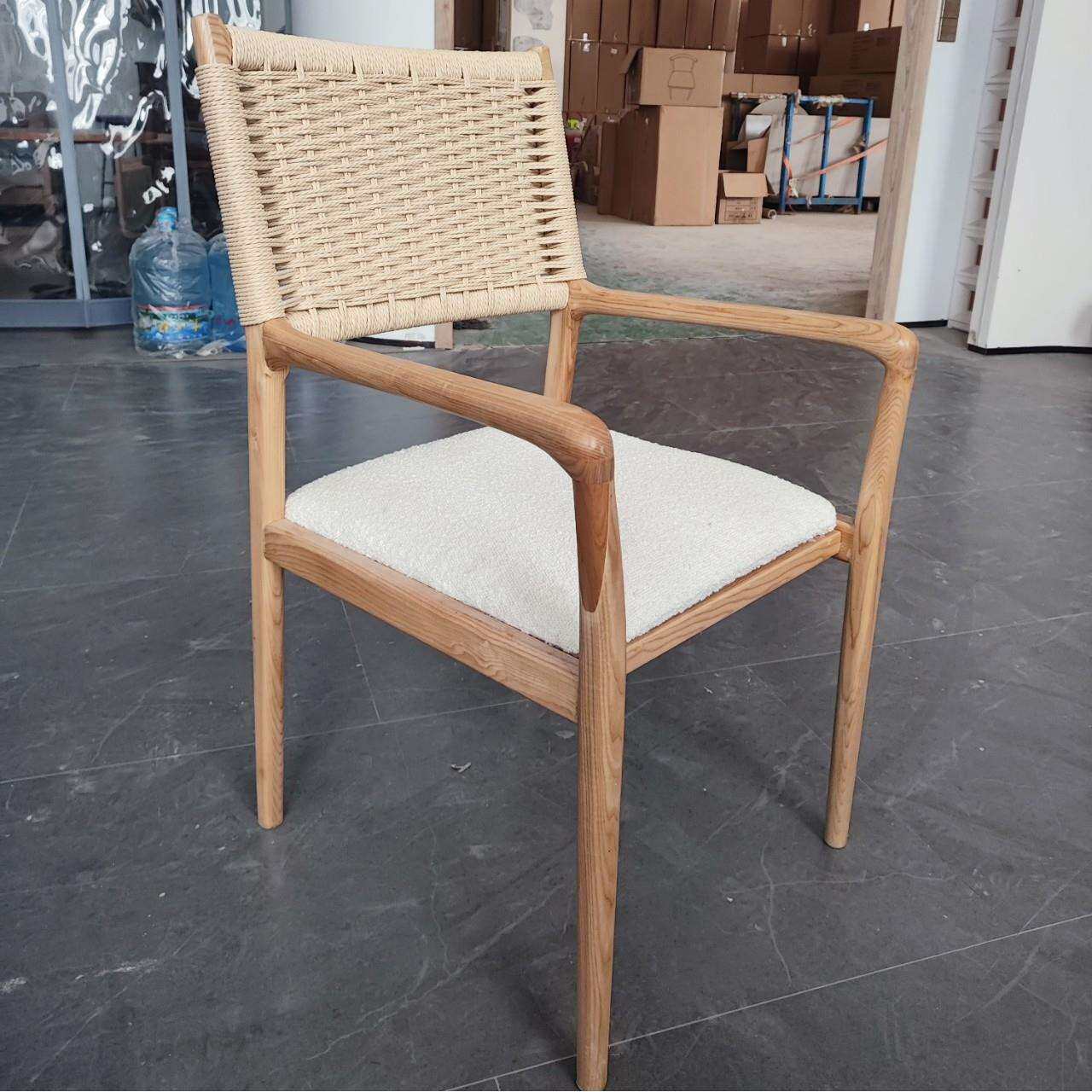 扶手餐椅北欧餐厅椅白蜡木原木色实木圈圈纱靠背椅布艺圈圈椅