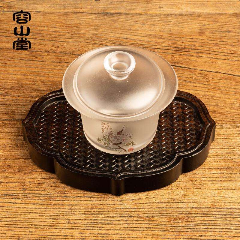 容山堂茗末黑檀木小茶盘整块实木雕刻竹编茶台壶承家用小号干泡台