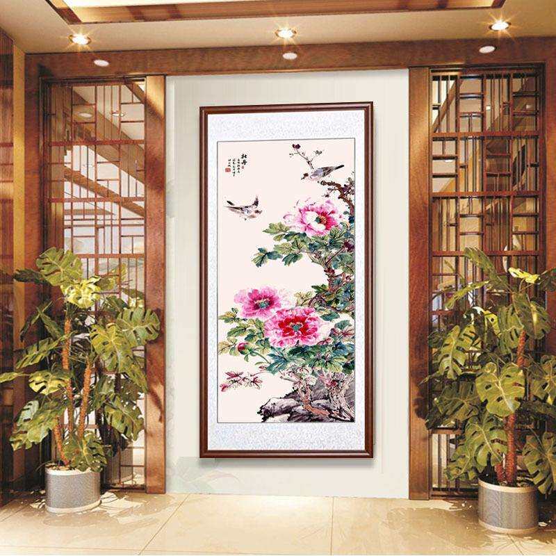 入户玄关装饰画牡丹花开挂画走廊过道国画墙画新中式客厅壁画